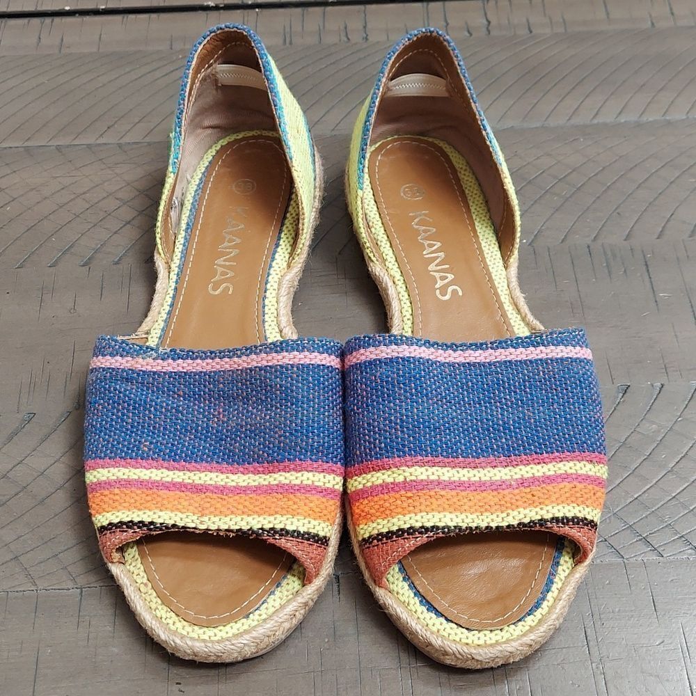 KAANAS Striped Flat Peep-Toe Espadrille Sandals Sz 38